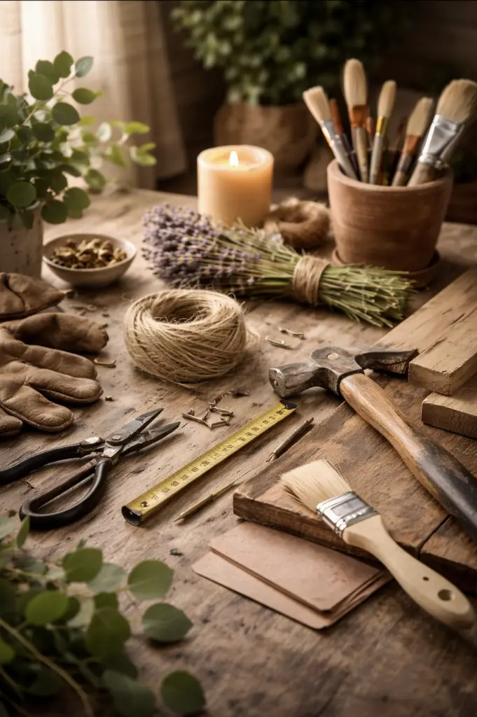 Rustic DIY home project workspace with woodworking tools, paint brushes, twine, and lavender on a warm wooden table.