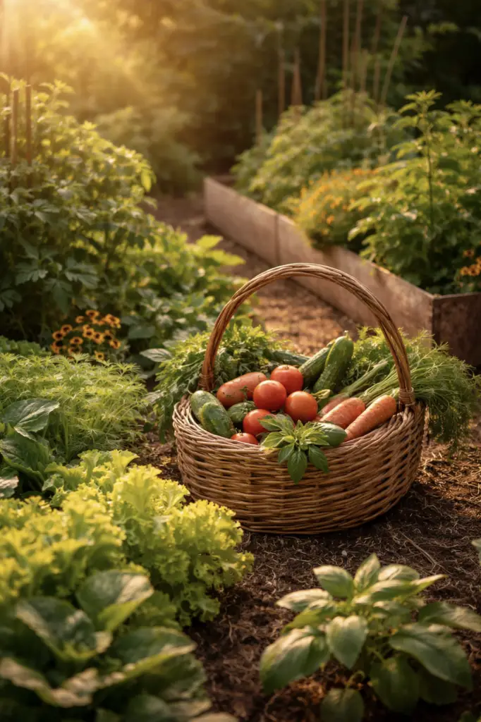 Texas Hill Country vegetable garden with woven basket of freshly harvested tomatoes and greens in warm golden sunlight.