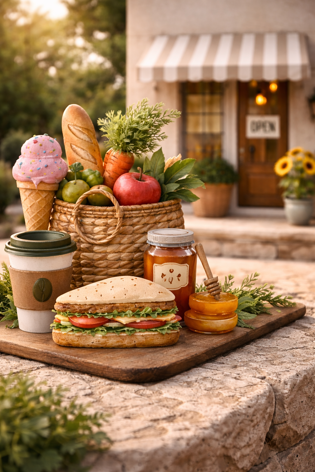 Rustic outdoor table set with fresh dishes and wine at a Texas Hill Country patio restaurant