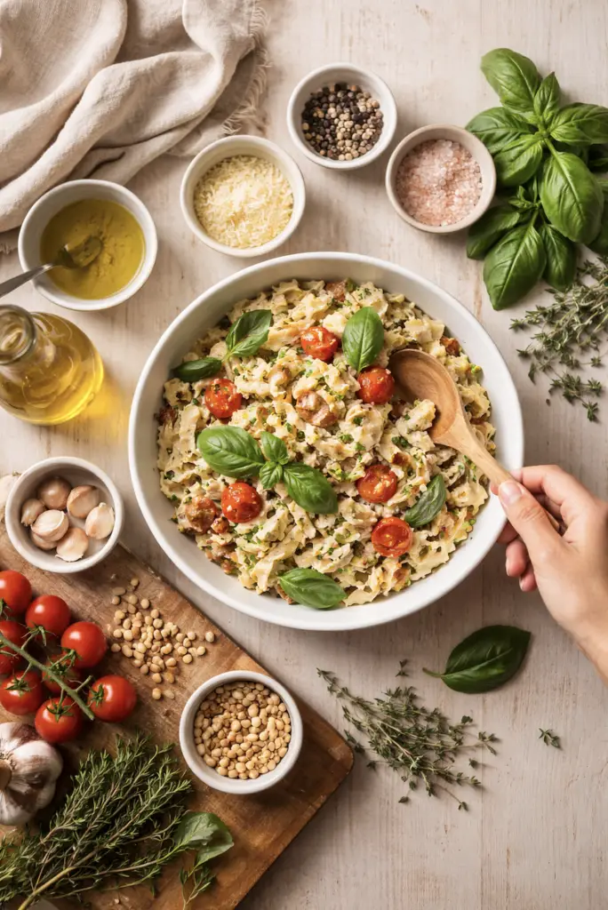 Overhead view of a rustic pasta recipe with fresh herbs, olive oil, cherry tomatoes, and kitchen ingredients in natural light.