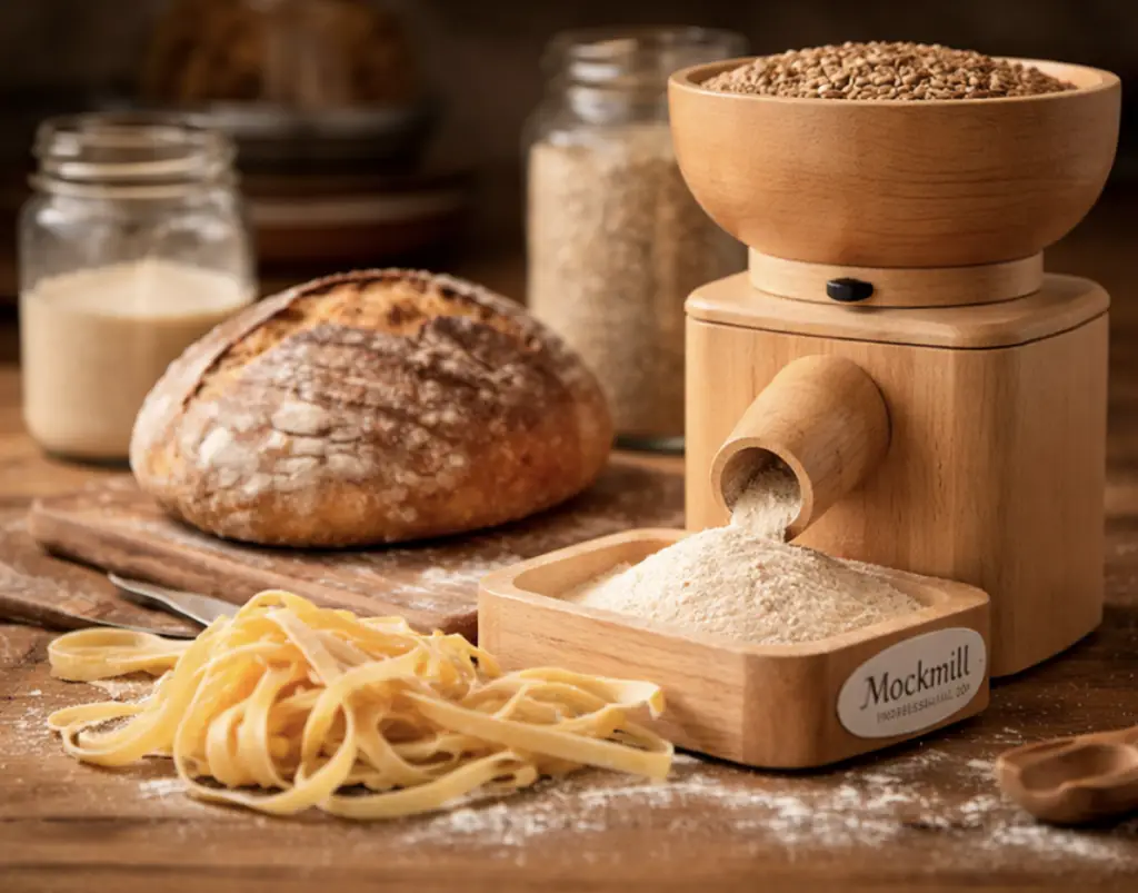 Fresh milled flour, sourdough bread, and handmade pasta with a Mockmill Professional 200 grain mill in a rustic kitchen