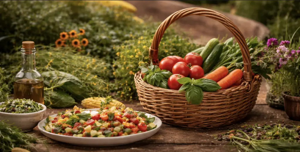 Seasonal garden harvest with fresh vegetables, herbs, and a rustic outdoor table setting in the Texas Hill Country