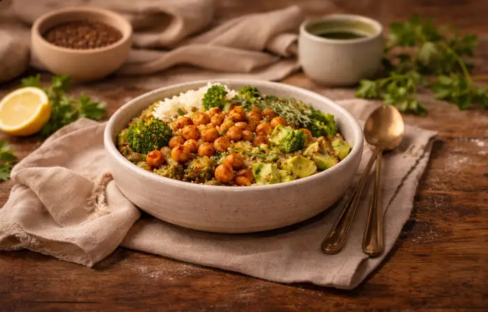 Plant-based meal bowl with quinoa, roasted chickpeas, broccoli, and avocado on a rustic wooden table