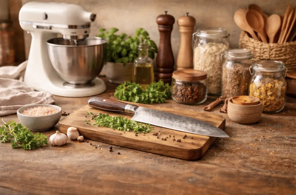 Kitchen tools and essentials including stand mixer, wooden utensils, glass jars, and pantry ingredients on a rustic countertop
