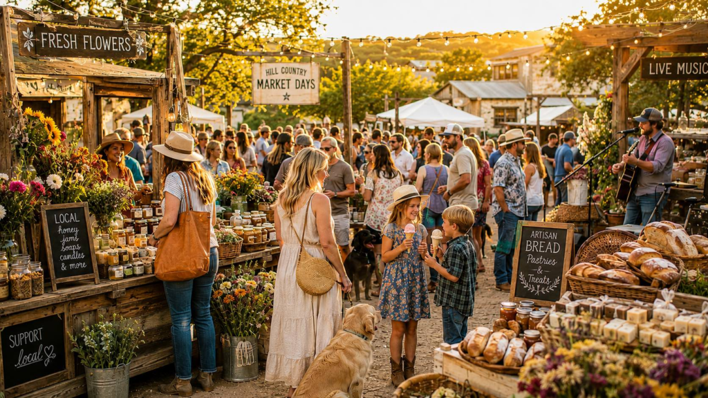 A vibrant Texas Hill Country Market Days scene at golden hour featuring local artisan vendors, fresh flowers, honey, jams, soaps, candles, artisan bread, live music, children enjoying ice cream, and a joyful crowd exploring everything the Hill Country has to offer