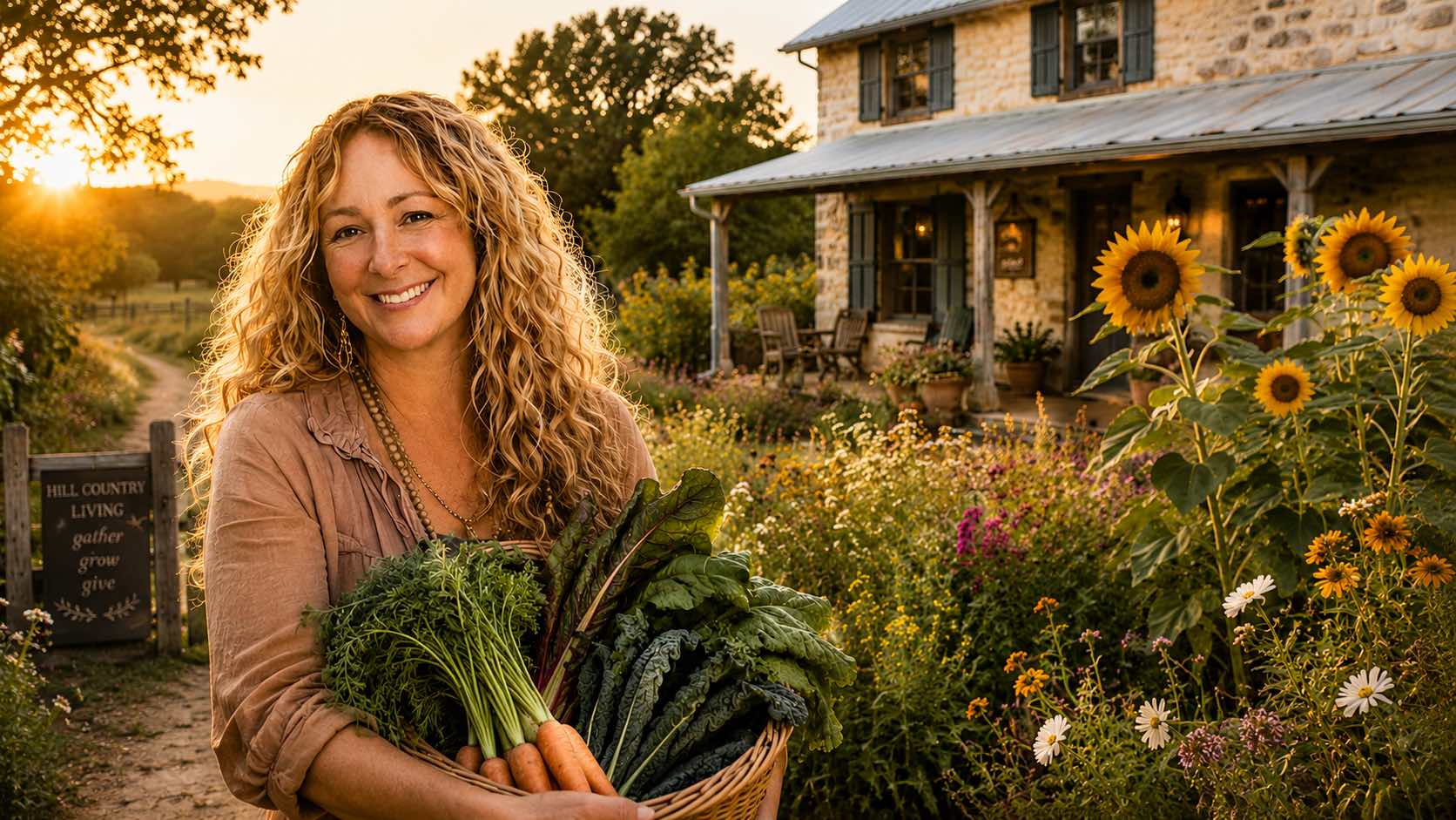 Alison, founder of Root and Roam Living and Texas Hill Country real estate agent, holding a basket of fresh garden kale, chard, and carrots in front of her stone farmhouse with sunflowers and wildflowers at golden hour — celebrating Hill Country community and rooted living