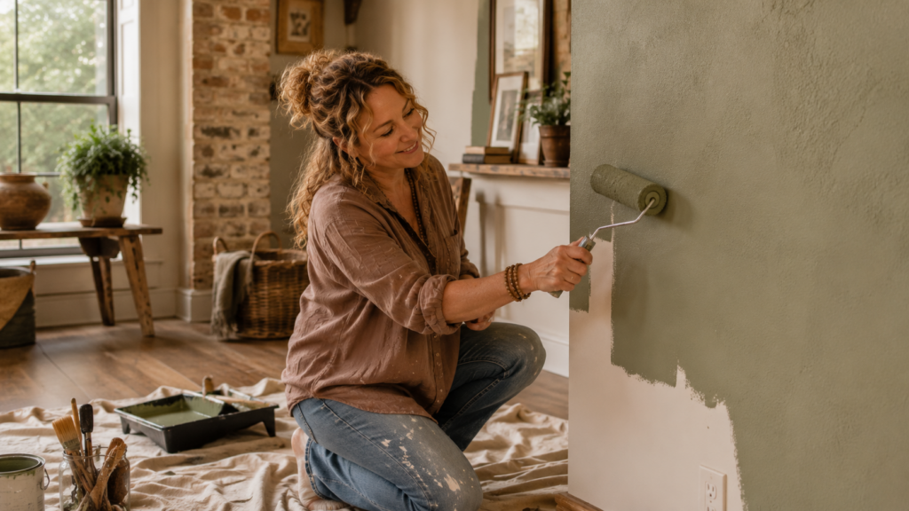 DIY home renovation project painting a sage green accent wall in a Texas Hill Country farmhouse