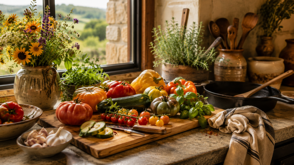 Rustic farmhouse kitchen counter in the Texas Hill Country with fresh heirloom tomatoes, herbs and plant-based cooking ingredients