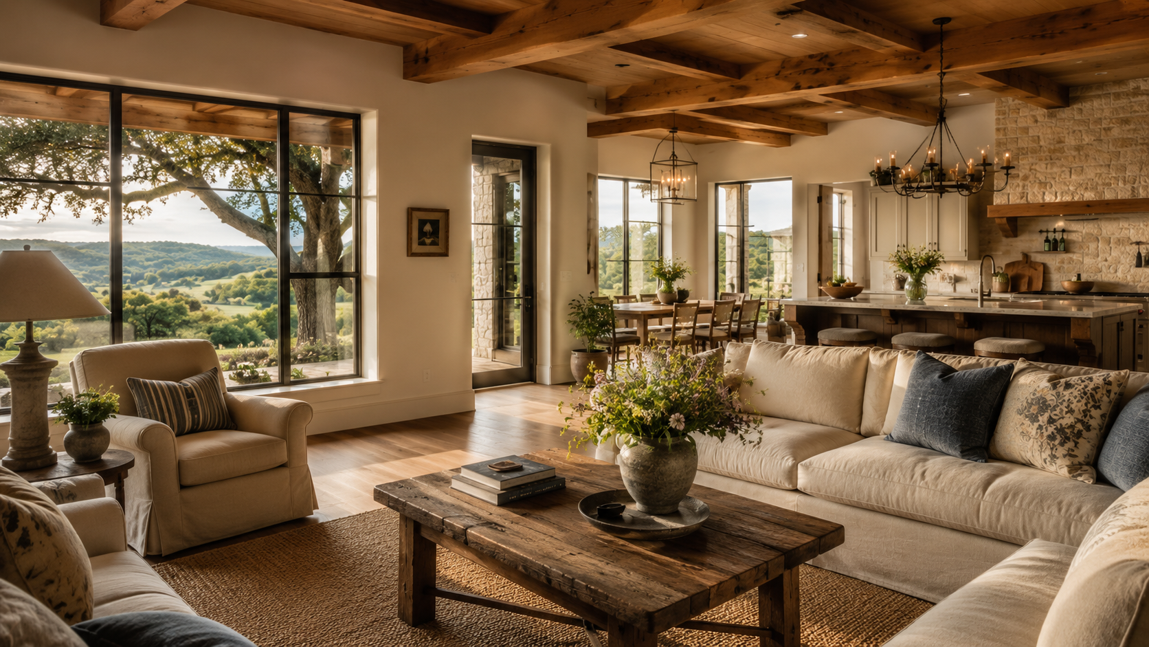 Warm Texas Hill Country home living room with exposed wood beams and rolling hill views through the windows
