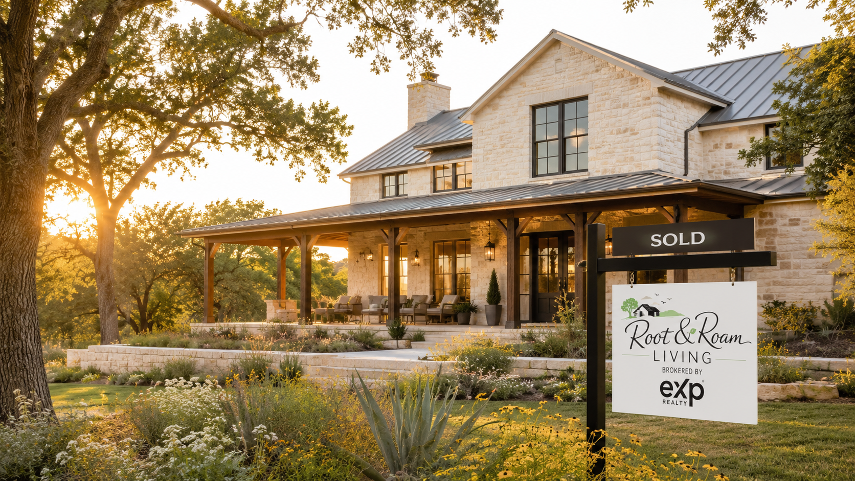 Texas Hill Country limestone home for sale at golden hour with live oak trees and wildflowers — selling real estate near Canyon Lake, Spring Branch, Wimberley, Boerne, and Fredericksburg with Root & Roam Living
