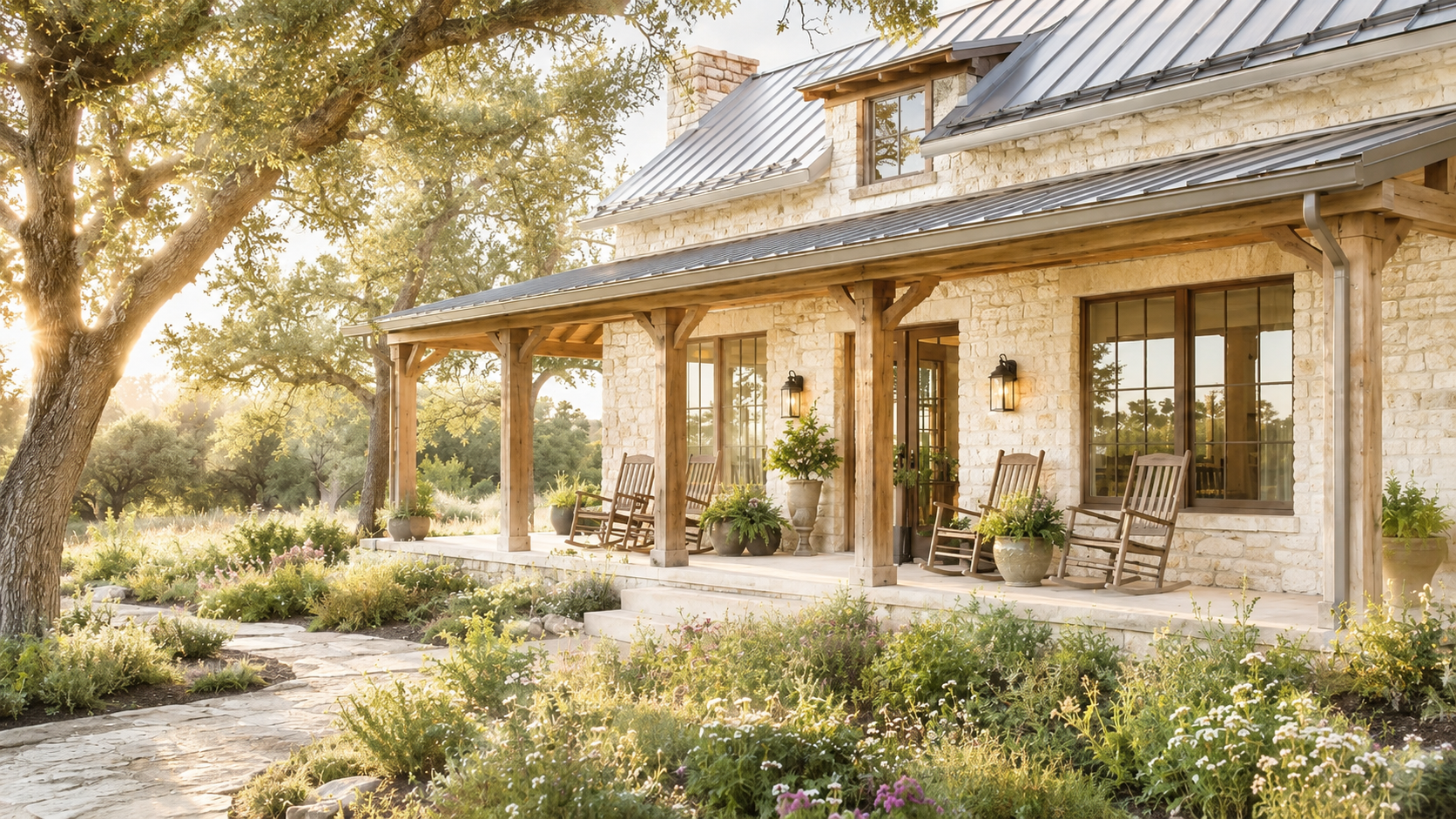 Stone farmhouse with live oak trees and wildflowers in the Texas Hill Country — real estate for sale near Canyon Lake, Spring Branch, and Wimberley with Root & Roam Living