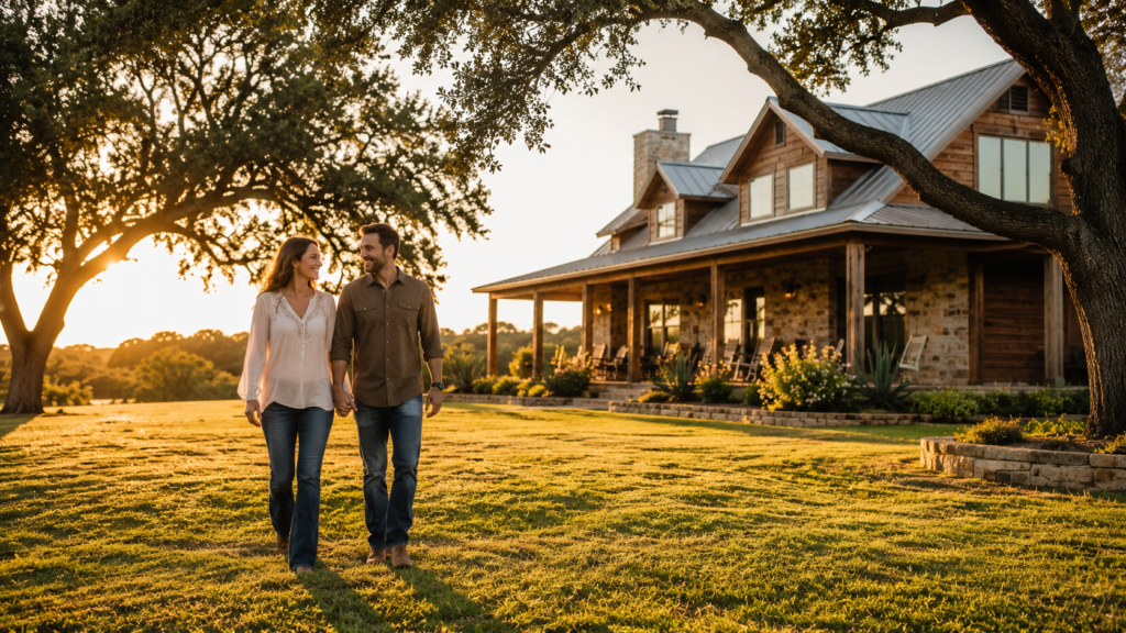 Happy couple buying a home in the Texas Hill Country with rolling hills and oak trees, working with Root and Roam Living real estate