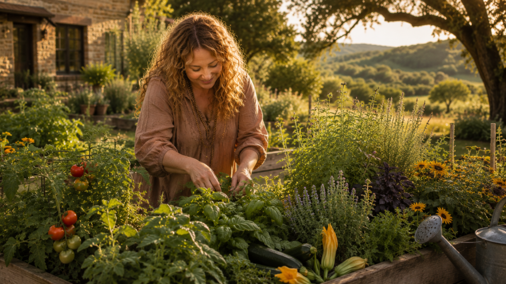 Lush raised bed vegetable garden in the Texas Hill Country with tomatoes, herbs and wildflowers, perfect for plant-based living