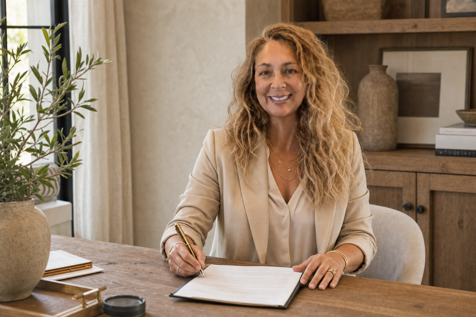 Alison McLaughlin, Texas Hill Country REALTOR and founder of Root & Roam Living, smiling at her desk while preparing home buying guidance for clients