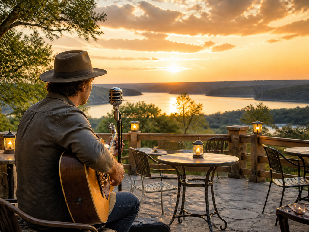Golden hour live music setting with string lights over a Texas Hill Country patio