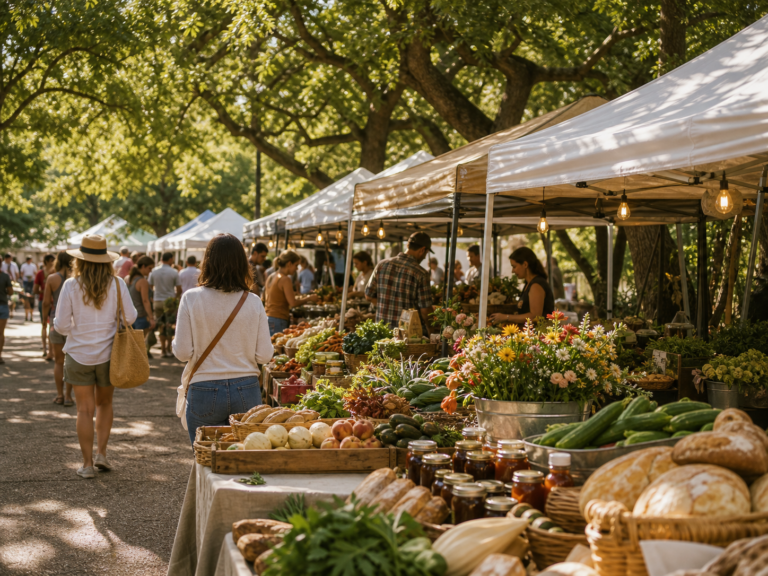Wooden farmers market stand piled with fresh produce and flowers in the Texas Hill Country