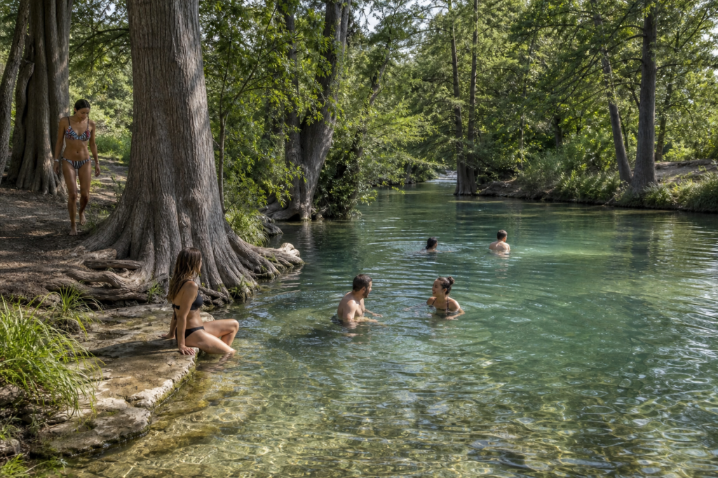 People swimming in a clear spring-fed Texas Hill Country swimming hole surrounded by cypress trees