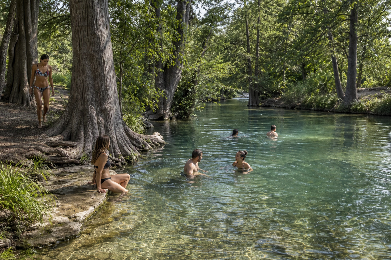 People swimming in a clear spring-fed swimming hole surrounded by cypress trees in the Texas Hill Country