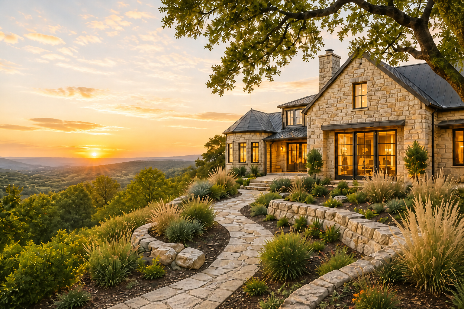 Stone Hill Country farmhouse with warm lighting at sunset, representing homes for sale in Canyon Lake and Spring Branch, Texas