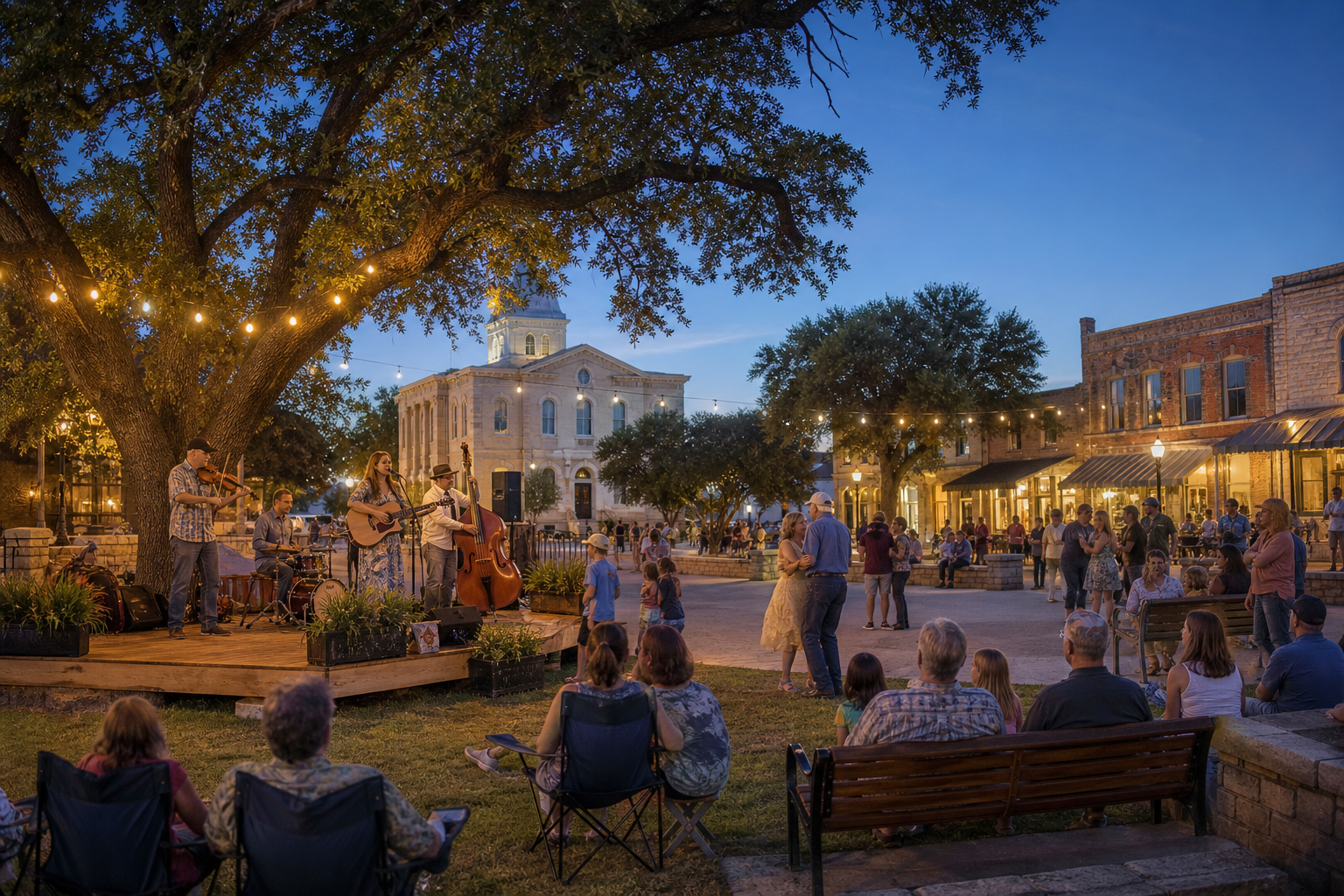 Crowd gathered on a Texas Hill Country town square for an evening live music performance under string lights