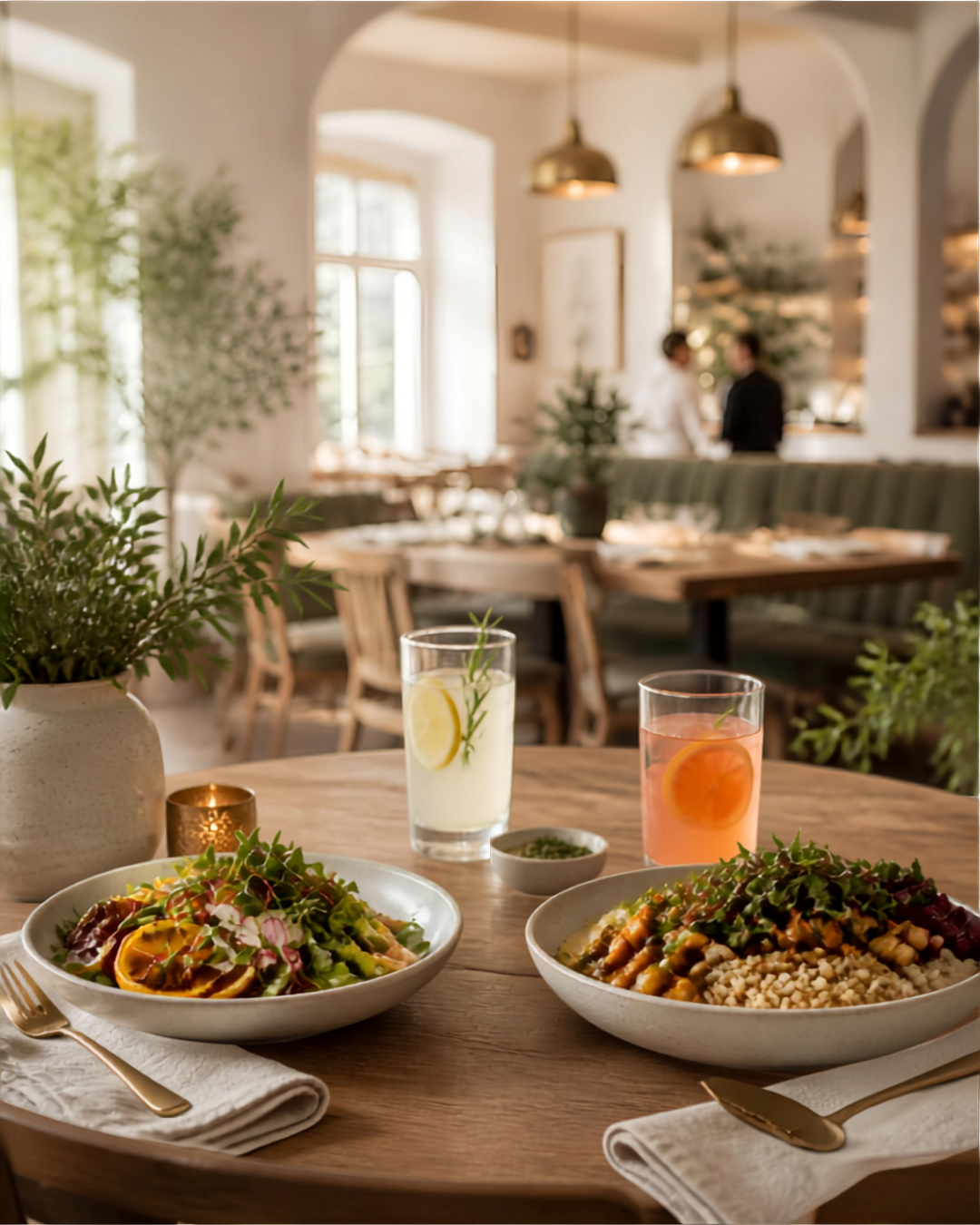 Cozy new restaurant interior with a shared table set for a fresh, seasonal meal in the Texas Hill Country