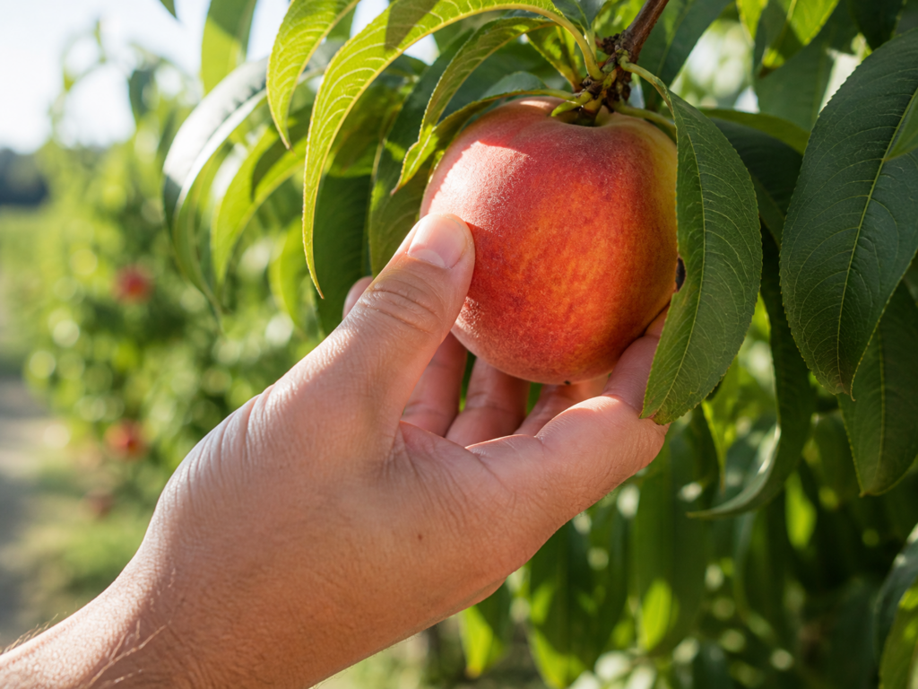 Hand picking a ripe Texas Hill Country peach straight from the orchard tree during peach season