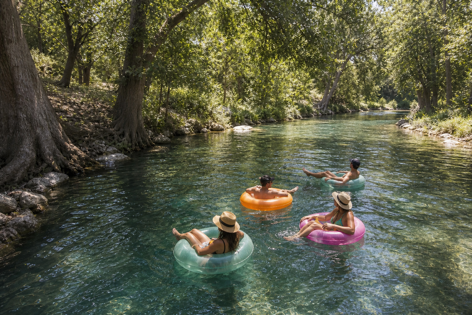People river floating on tubes down a clear Texas Hill Country river surrounded by cypress trees