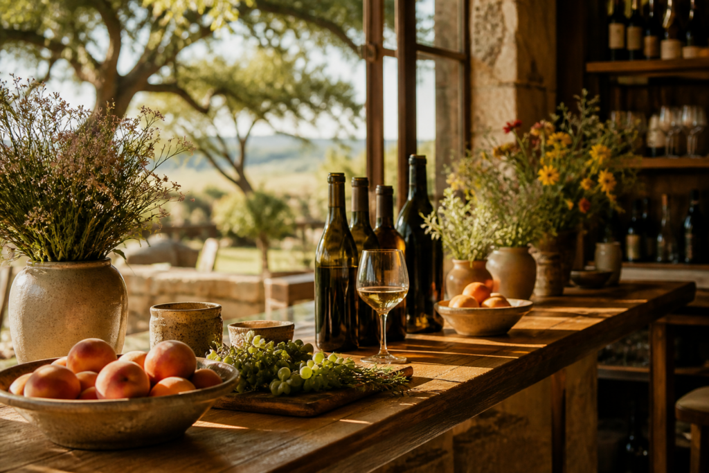 Cozy vineyard bar patio with wine glasses at golden hour in the Texas Hill Country