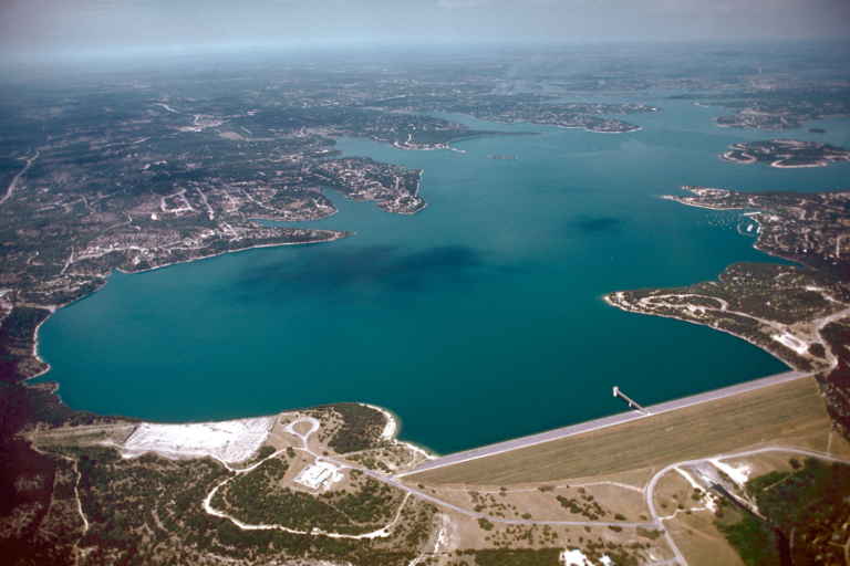 Actual aerial photograph of Canyon Lake and Canyon Dam in Comal County, Texas, looking west