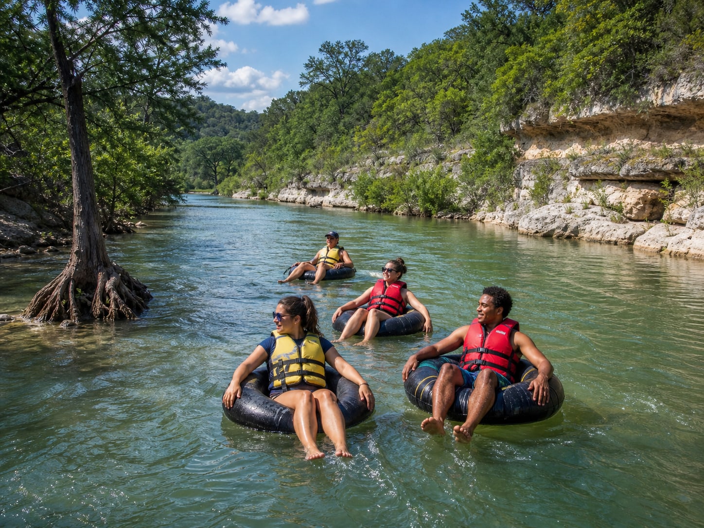 Adults wearing life jackets while tubing a calm Hill Country river