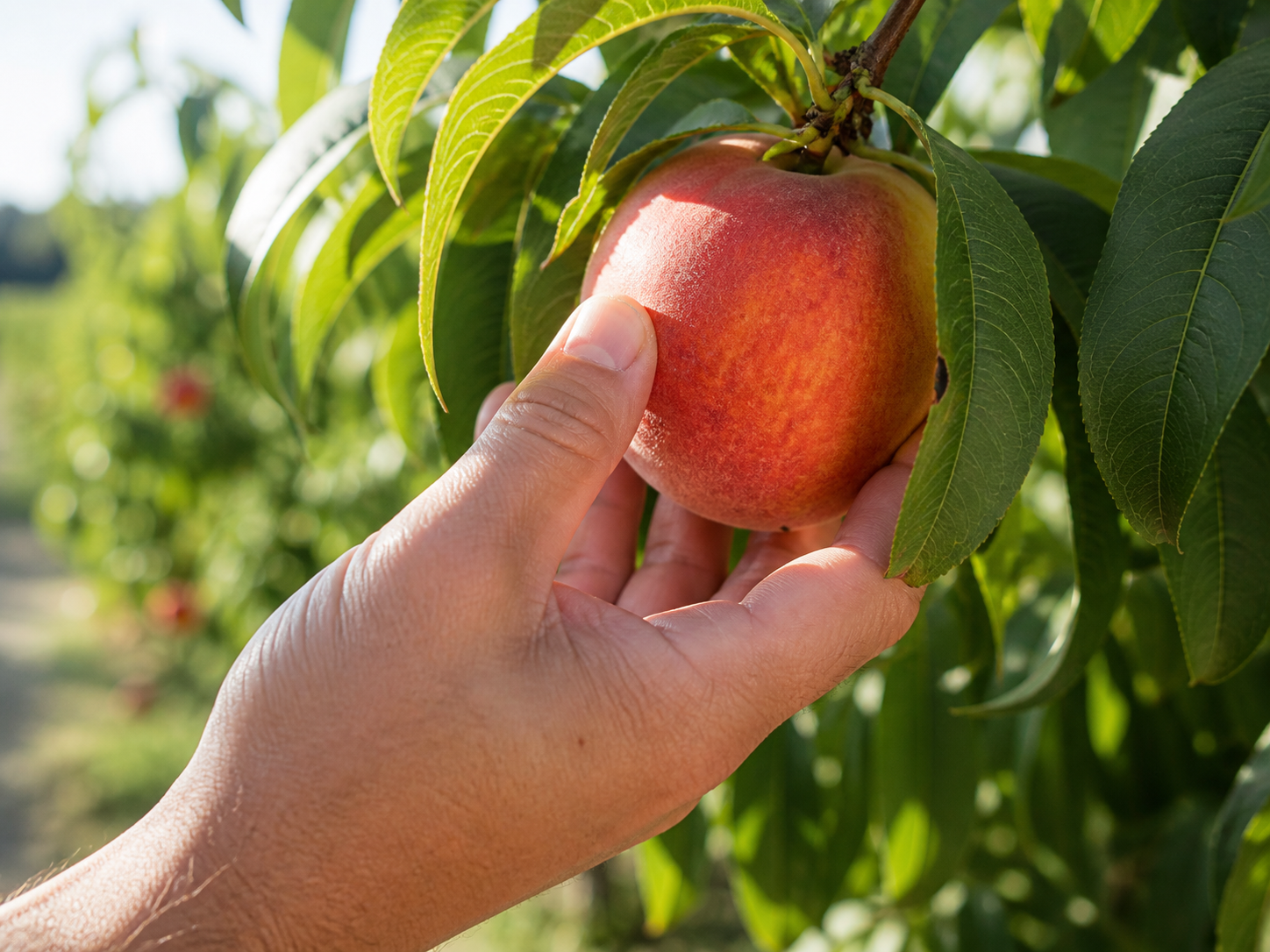 A hand gently checking a ripe peach on a tree