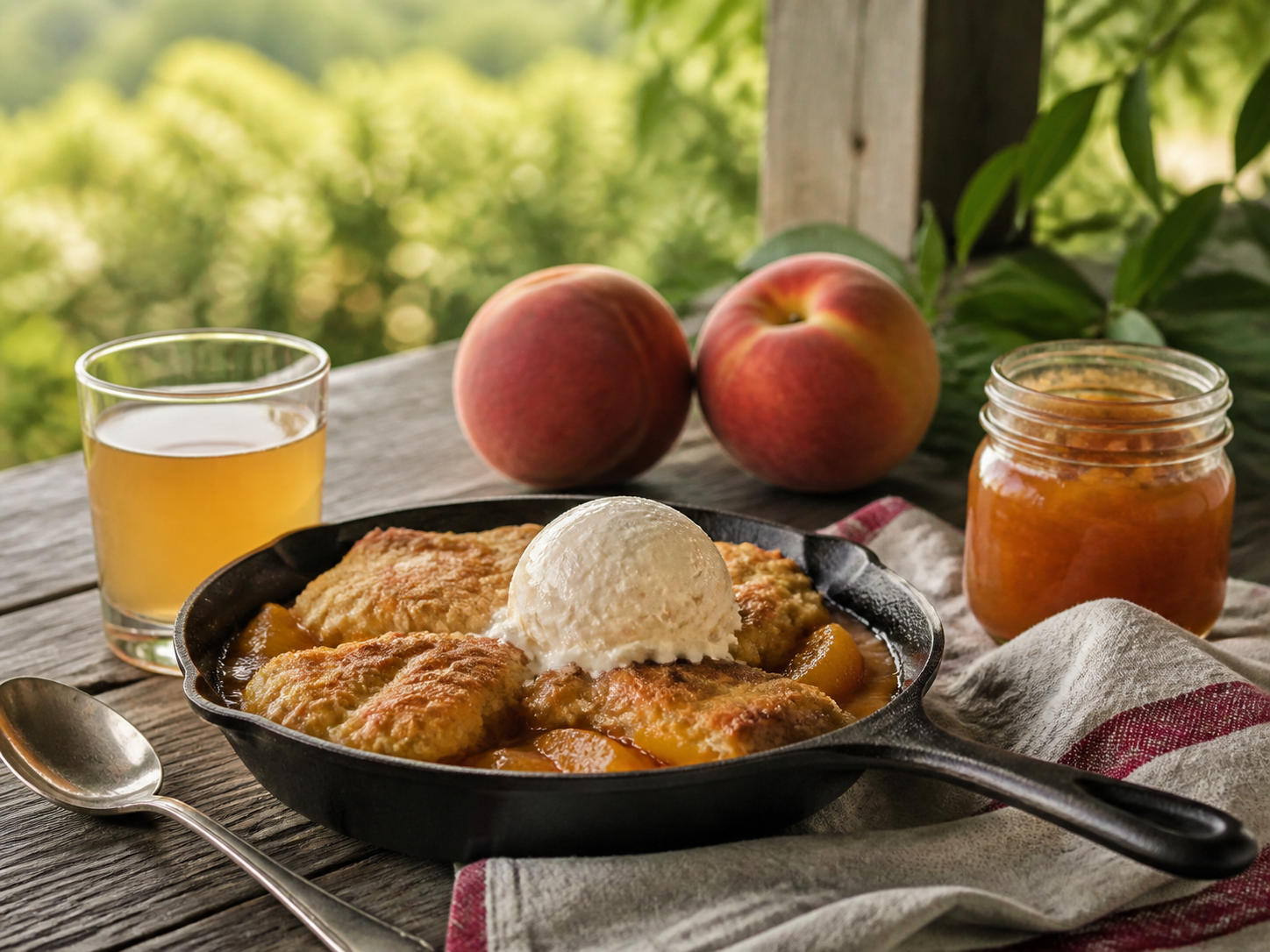Warm peach cobbler with ice cream, cider and preserves