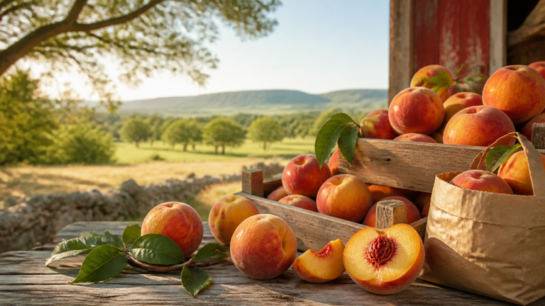 Ripe Texas Hill Country peaches piled at a rustic farm market stand near Fredericksburg during peach season