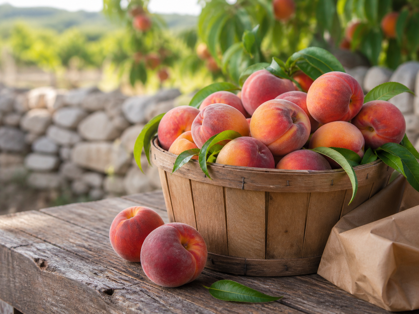 A rustic market basket overflowing with fresh peaches