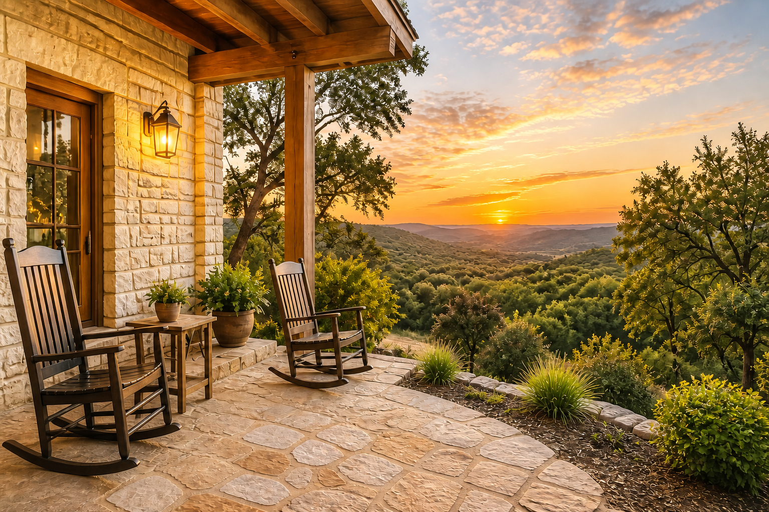 Hill Country porch overlooking a warm sunset and distant hills
