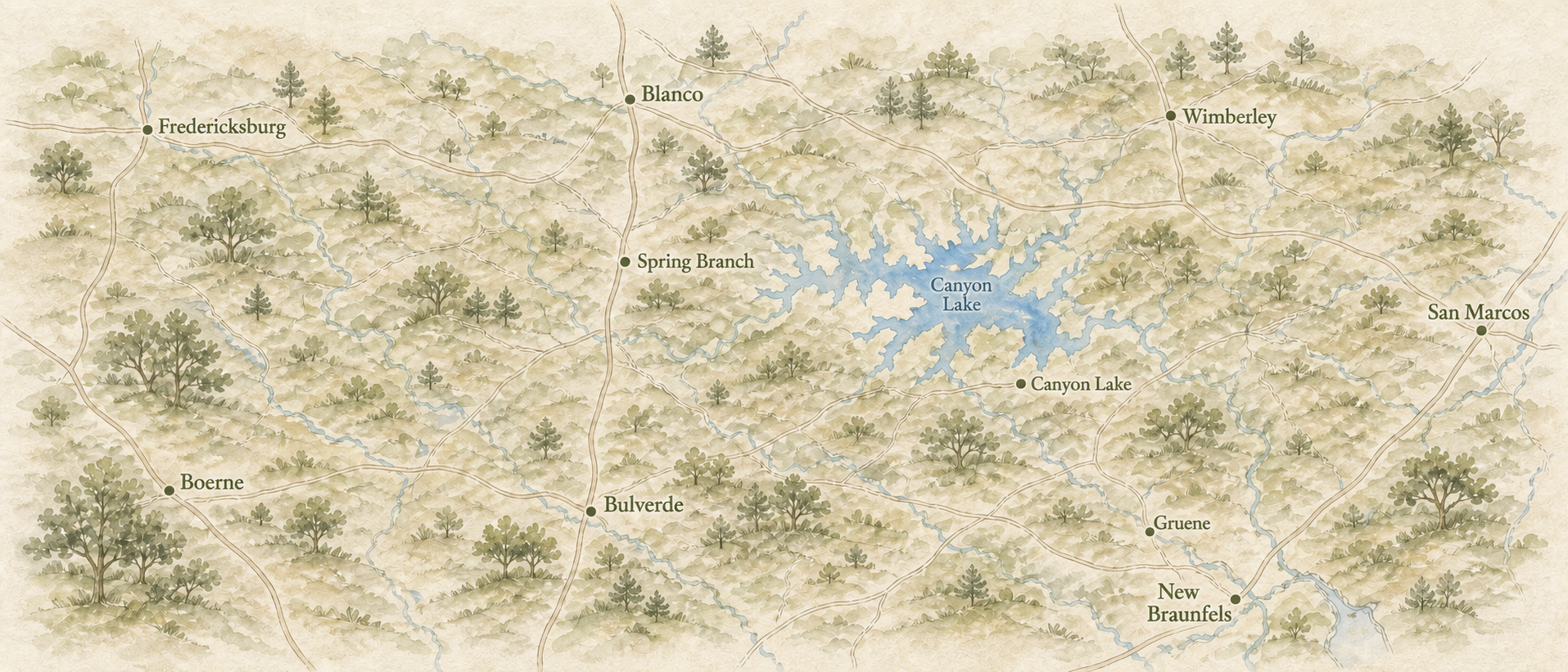 Illustrated Hill Country map showing Fredericksburg, Blanco, Wimberley, San Marcos, Canyon Lake, Spring Branch, Bulverde, Boerne, Gruene, and New Braunfels