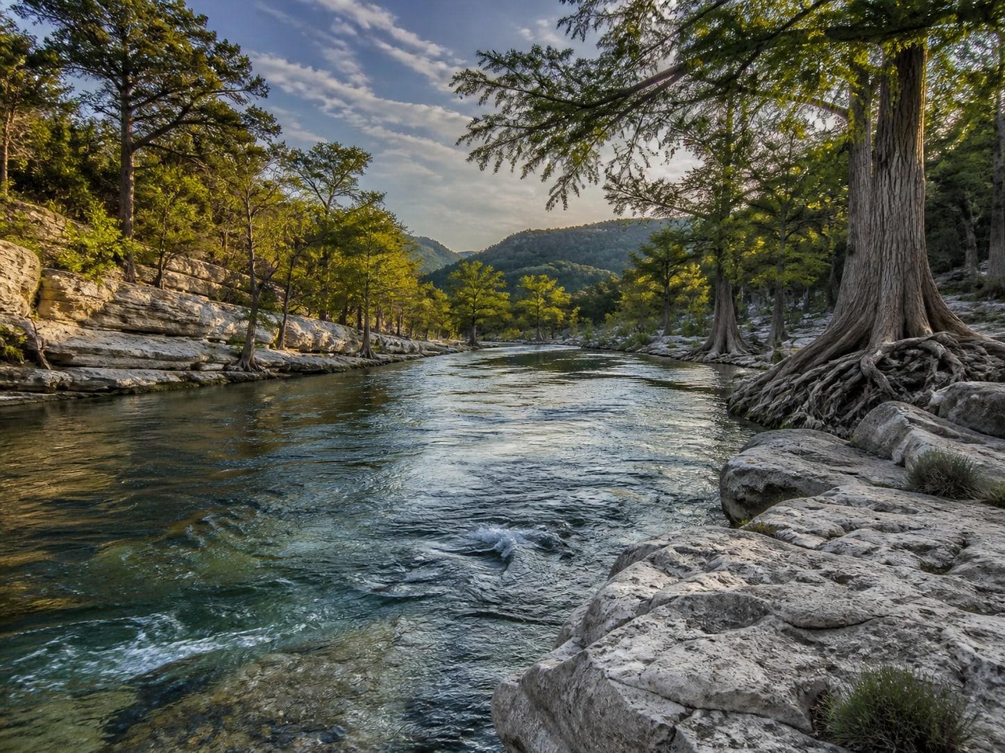 Illustrative upper Guadalupe River landscape with limestone and bald cypress